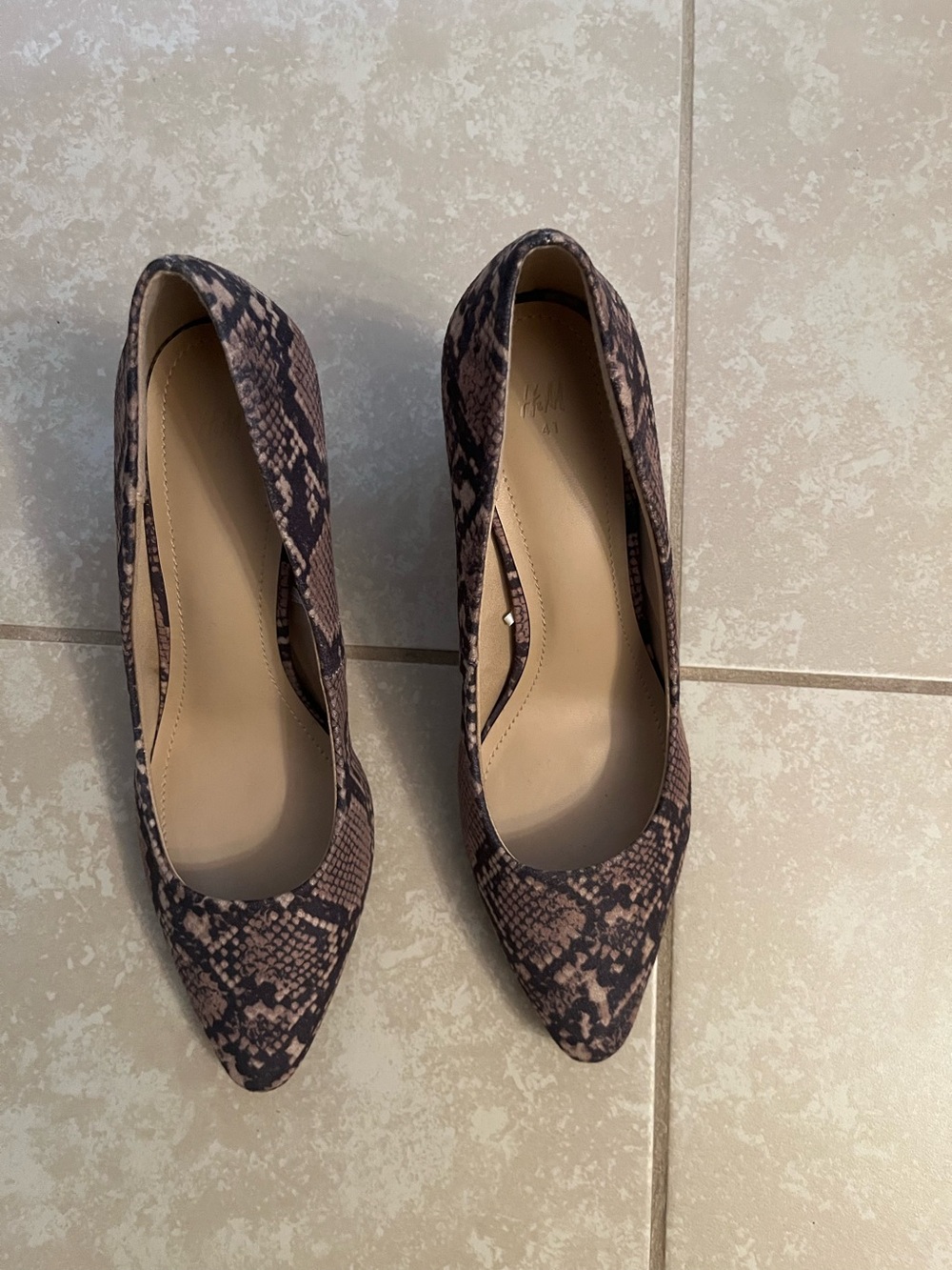 H&M Snake-Print Pointed Toe Pumps in Brown and Black